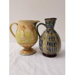 DOULTON LAMBETH WARE JUG with a mottled green and blue ground with incised decoration, 18.5cm