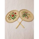 TWO 19TH CENTURY CHINESE FANS each with an oval water silk leaf embroidered with flowers above a