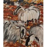 SYLVIA WOODCOCK CLARK Sheep On The Brick, oil on board, label to verso, 88cm x 75cm