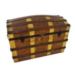 VINTAGE DOME TOP TRUNK with wood and brass banding, the lift up lid revealing a fitted interior dome