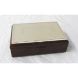 SILVER AND MAHOGANY BOX containing a new set of playing cards and three dice for the game Cee-Lo,