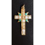TURQUOISE AND SEED PEARL CROSS PENDANT in unmarked gold, 3.4cm high (including suspension loop)