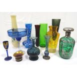SELECTION OF COLOURED GLASSWARE including an Edwardian etched wine decanter, a ruby glass spill