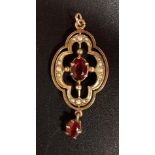 RED GEM AND SEED PEARL SET PENDANT the quatrefoil shaped pendant with small drop, in nine carat gold