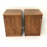 PAIR OF FREM WALNUT SIDE CABINETS with plain square tops above a lockable door with a shelved