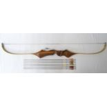 QUALTAS CHALLENGER 500 ARCHERY BOW constructed from mahogany, rosewood and fibreglass, 155cm long,