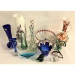 LARGE SELECTION OF COLOURED GLASS including a hand blown Murano style mottled glass basket with