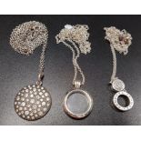 TWO PANDORA PENDANTS ON CHAINS AND ONE PANDORA NECKLACE comprising a floating locket on chain, a