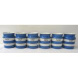 COLLECTION OF SIX VINTAGE CORNISH WARE LIDDED STORAGE JARS marked for Flour, Meal, two for Salt