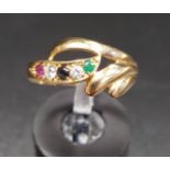 EMERALD, SAPPHIRE, RUBY AND CZ DRESS RING the multi gemstones in pierced and scroll setting, ring