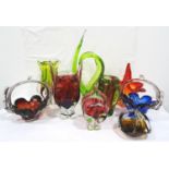 SELECTION OF COLOURED GLASS VASES AND BASKETS of colours and design (9)