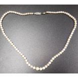 GRADUATED CULTURED PEARL NECKLACE with diamond set unmarked gold clasp, 41cm long