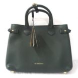 NEW AND UNUSED BURBERRY MEDIUM BANNER BAG in dark bottle green leather and signature check, with