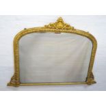 19TH CENTURY GILTWOOD OVERMANTLE MIRROR with a carved shell and scroll pediment above a shaped
