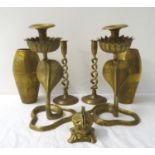 MIXED LOT OF BRASS WARE including a pair of Cobra candlesticks, pair of barley twist candlesticks,