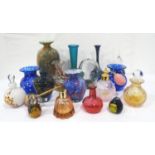 GOOD SELECTION OF COLOURFUL GLASSWARE including a Caithness atomiser, a Mdina scent bottlle, spill