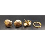 THREE PAIRS OF NINE CARAT GOLD EARRINGS comprising a pair of seed pearl set stud earrings in the