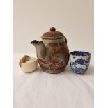 CHINESE POTTERY TEA POT with pewter mounts depicting a dragon and flowers, with impressed mark to