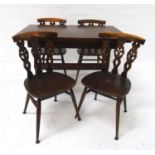 OAK DRAW LEAF DINING TABLE standing on shaped end supports united by a stretcher, together with four