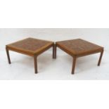 PAIR OF NATHAN FURNITURE TEAK OCCASIONAL TABLES with inset tiled tops, standing on shaped