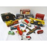 SELECTION OF VINTAGE AND OTHER TOYS including two Dinky MKII spitfires, A Lesley London bus, Broke