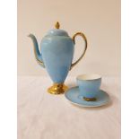 WEDGWOOD COFFEE SET with a duck egg blue ground with gilt highlights, comprising coffee pot, twin