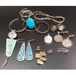 SELECTION OF SILVER JEWELLERY including a turquoise set pendant and ring, other pendants,