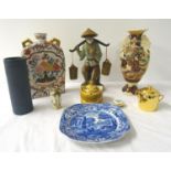 SELECTION OF EAST ASIAN AND OTHER DECORATIVE CERAMICS including a figurine of a fisherman , a moon