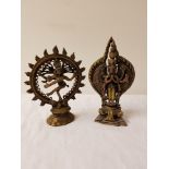 INDIAN BRASS DEITY SHIVA dancing and in traditional pose, 13.5cm high; together with the brass deity