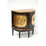 JAPANNED STYLE BOW FRONT COMMODE with chinoiserie style decoration, the gilt coloured top