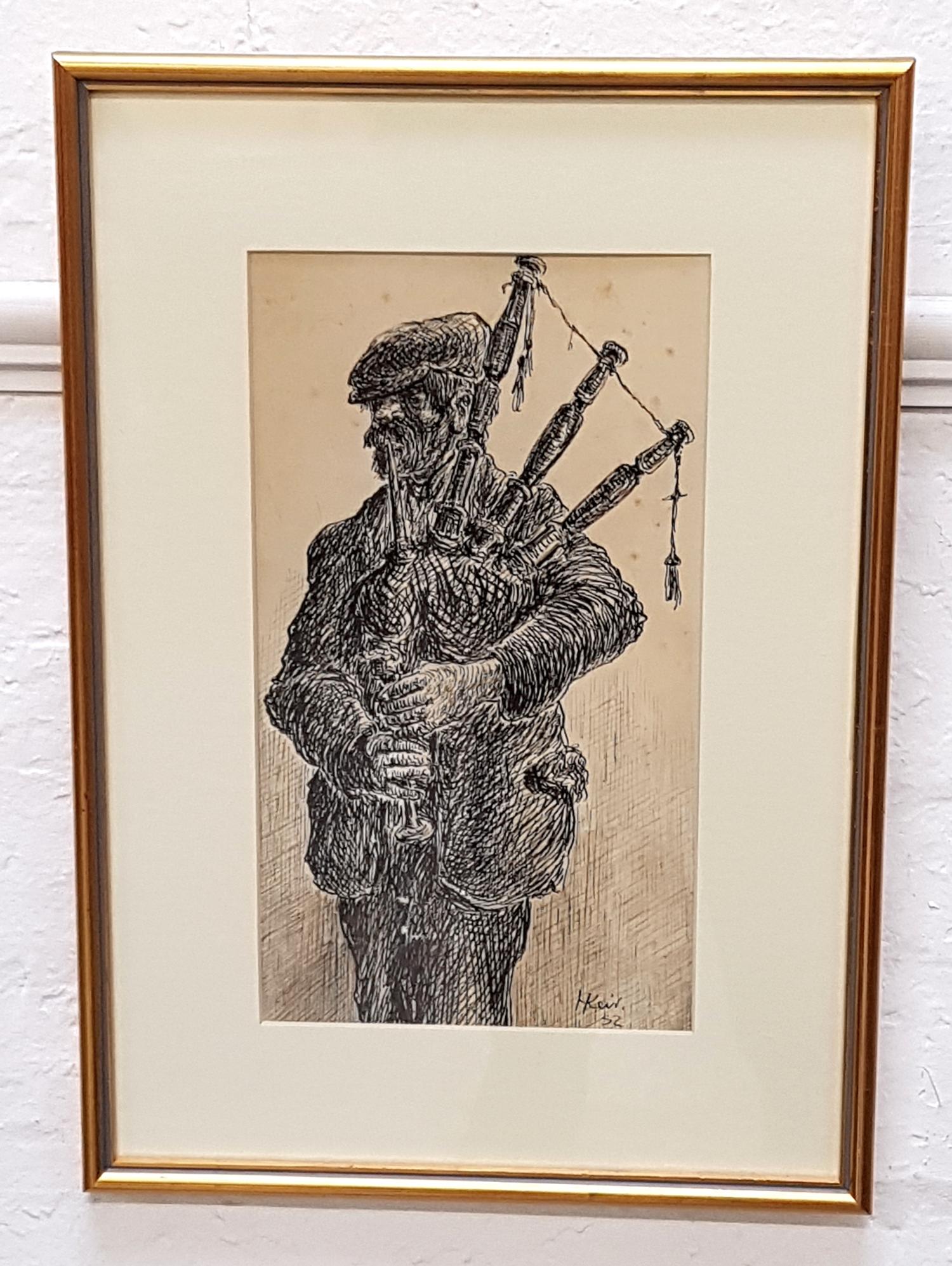 HARRY KEIR (Scottish 1902-1977) The Piper, pen and ink on paper, signed and dated '52, 31.5cm x 17.