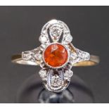 ATTRACTIVE ART DECO STYLE FIRE OPAL AND DIAMOND PLAQUE RING the central round cut fire opal in multi