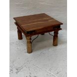 TEAK SQUARE OCCASIONAL TABLE with decorative ironwork, standing on turned supports, 60cm x 60cm