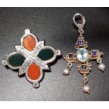 AQUAMARINE, BLUE GEM AND SEED PEARL SET CROSS PENDANT in silver; together with an agate set unmarked
