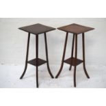PAIR OF 1930'S MAHOGANY JARDINIERE STANDS with square tops on slender shaped supports united by an