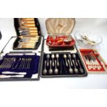 SELECTION OF MAINLY CASED SILVER PLATED FLATWARE including two sets of tea spoons and tongs, fish