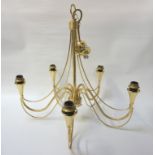 BRASS CHANDELIER with suspension chain and central column with five shaped arms, 68.5cm high