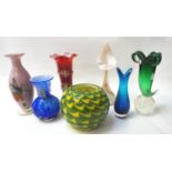 SELECTION OF COLOURFUL GLASSWARE including a pair of French ruby flash vases, a Clutha style green