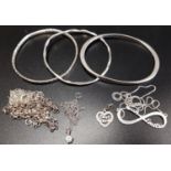 SELECTION OF SILVER JEWELLERY including three bangles, silver pendants and chains, and a Thomas Sabo