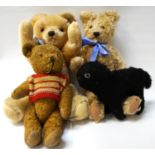 VINTAGE PLUSH TEDDY BEAR with articulated limbs, 33cm high; together with two further gold plush