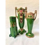 EICHWALD POTTERY TALL VASE with a pair of shaped geometric handles and embossed floral decoration on