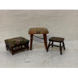 CHILD'S ELM LOW STOOL standing on turned supports united by a stretcher, a low Edwardian mahogany