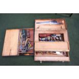 THREE WOODEN TOOL BOXES each with a selection of tools including planes, saws, hammers and other