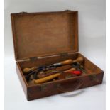 VINTAGE WOODEN TOOL CHEST with a selection of tools including hammers, spirit level, pliers,