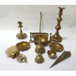 MIXED LOT OF BRASSWARE including two table bells, two ashtrays, pair of miniature candlesticks and