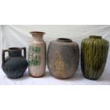 FOUR LARGE POTTERY VASES comprising a West German vase with spiral decoration, marked 'Scheurich -