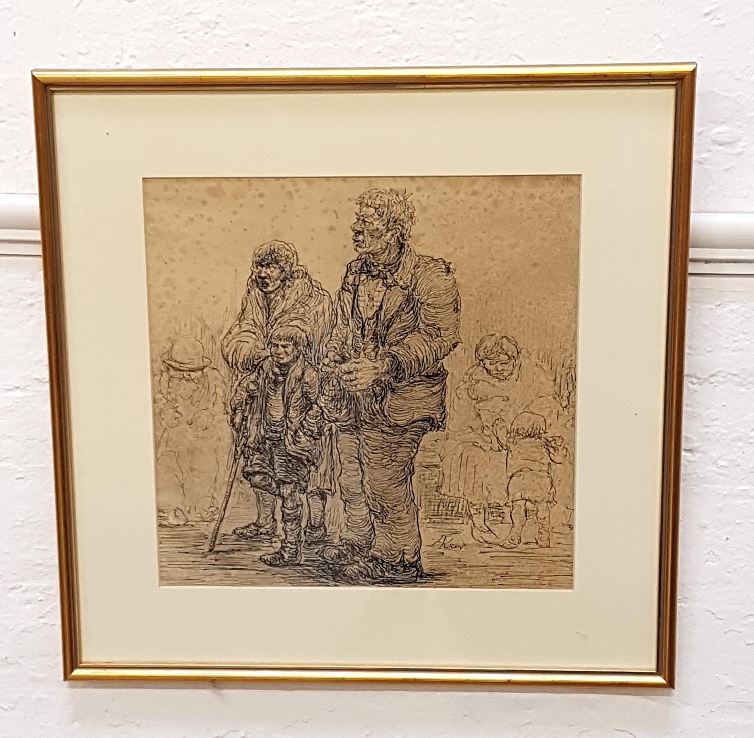 HARRY KEIR (Scottish 1902-1977) On Hard Times, pen and ink on paper, signed, 30cm x 30cm