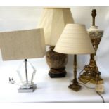 SELECTION OF TABLE LAMPS including a gilt brass lamp with a porcelain reservoir, 53.5cm high; a