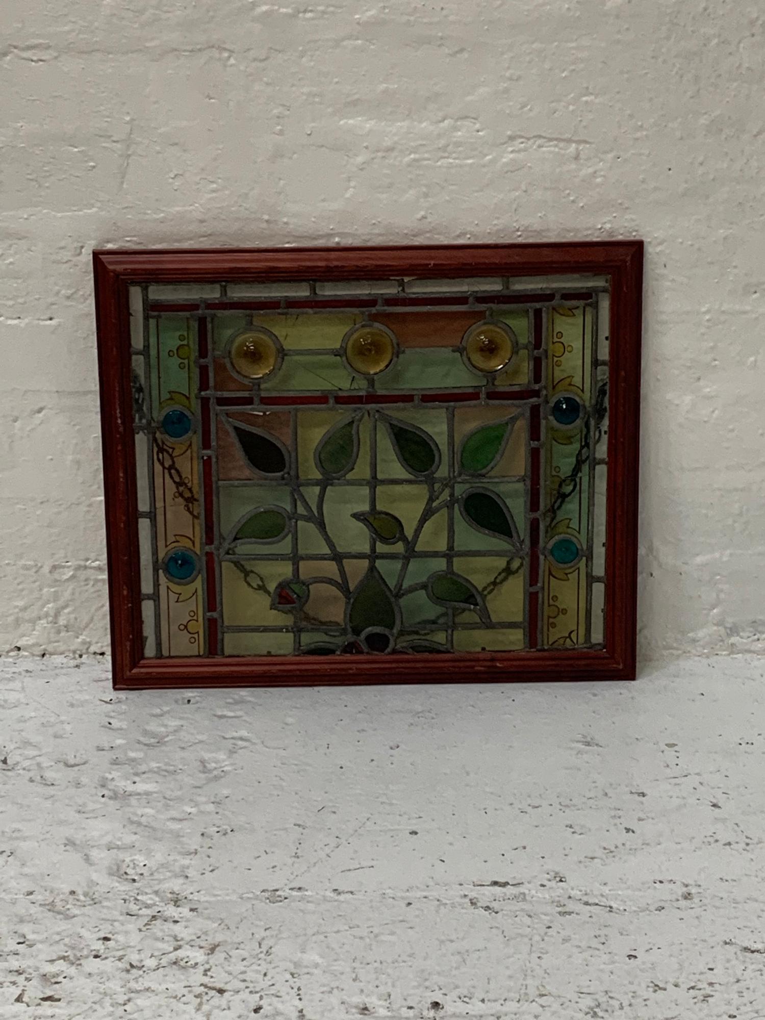 EARLY 20TH CENTURY LEADED GLASS WINDOW with stylised flowers, framed, 39cm x 48cm - Image 2 of 2