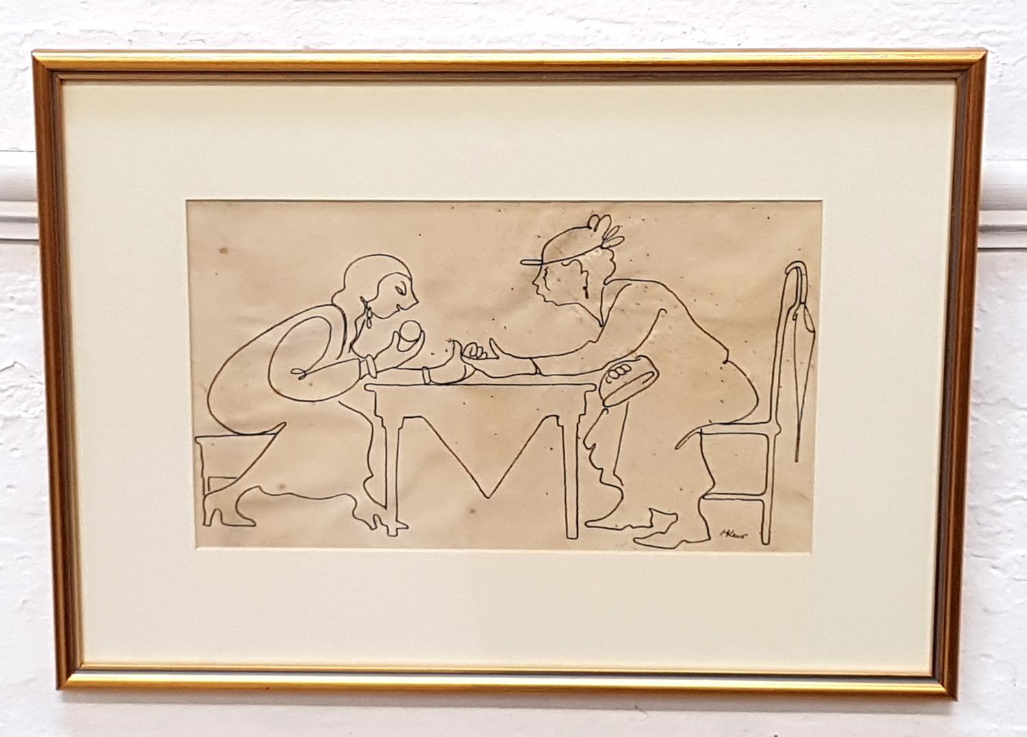 HARRY KEIR (Scottish 1902-1977) The Fortune Teller, pen and ink on paper, signed, 17.5cm x 31cm